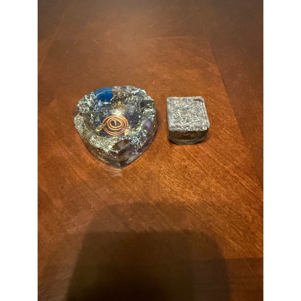Orgonite Style Cigar Ashtray Copper Spiral St Benedict Medal Blue Silver Heart
